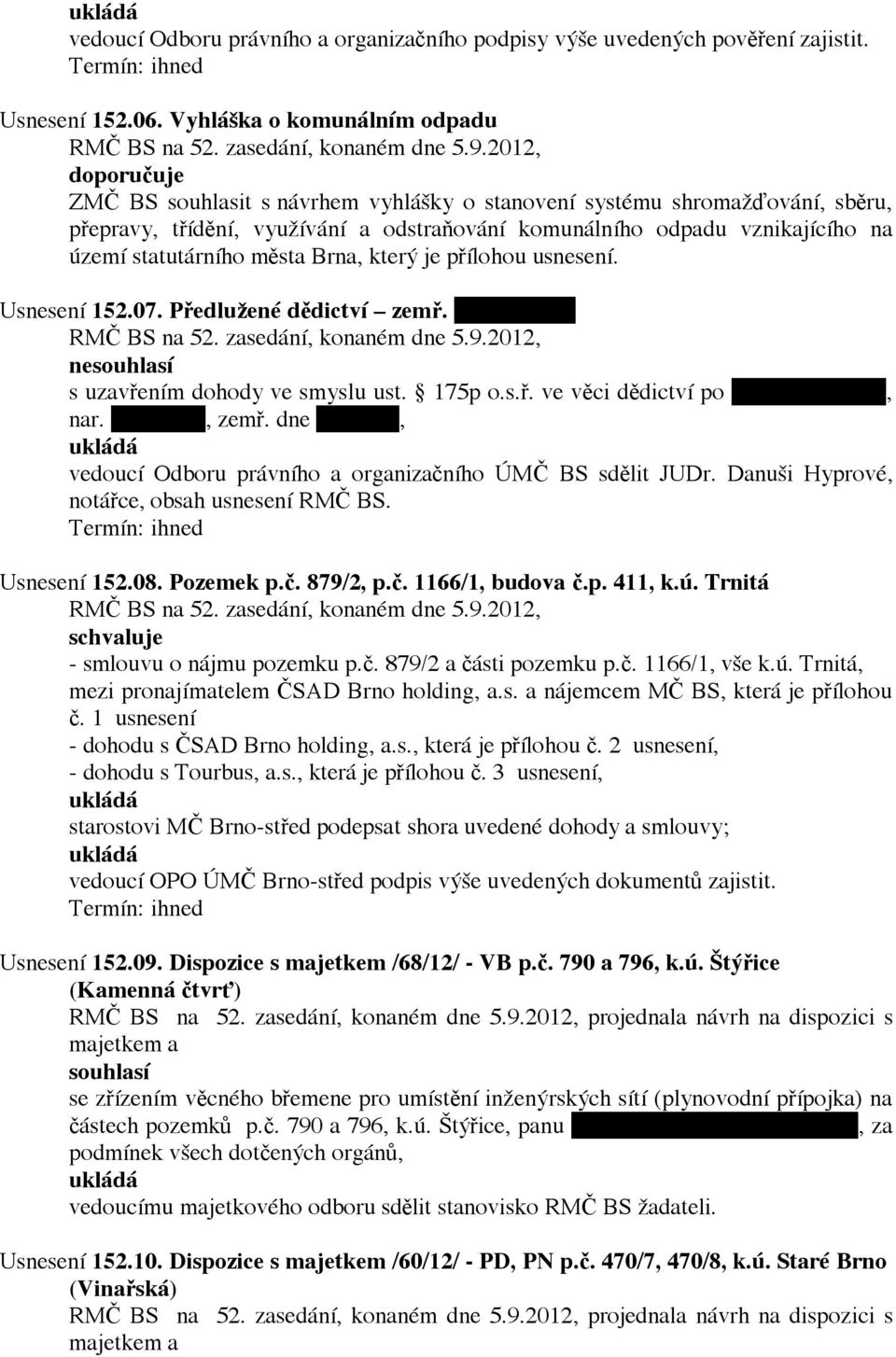 území statutárního města Brna, který je přílohou usnesení. Usnesení 152.07. Předlužené dědictví zemř. Ivan Binder nesouhlasí s uzavřením dohody ve smyslu ust. 175p o.s.ř. ve věci dědictví po Ivanu Binderovi, nar.