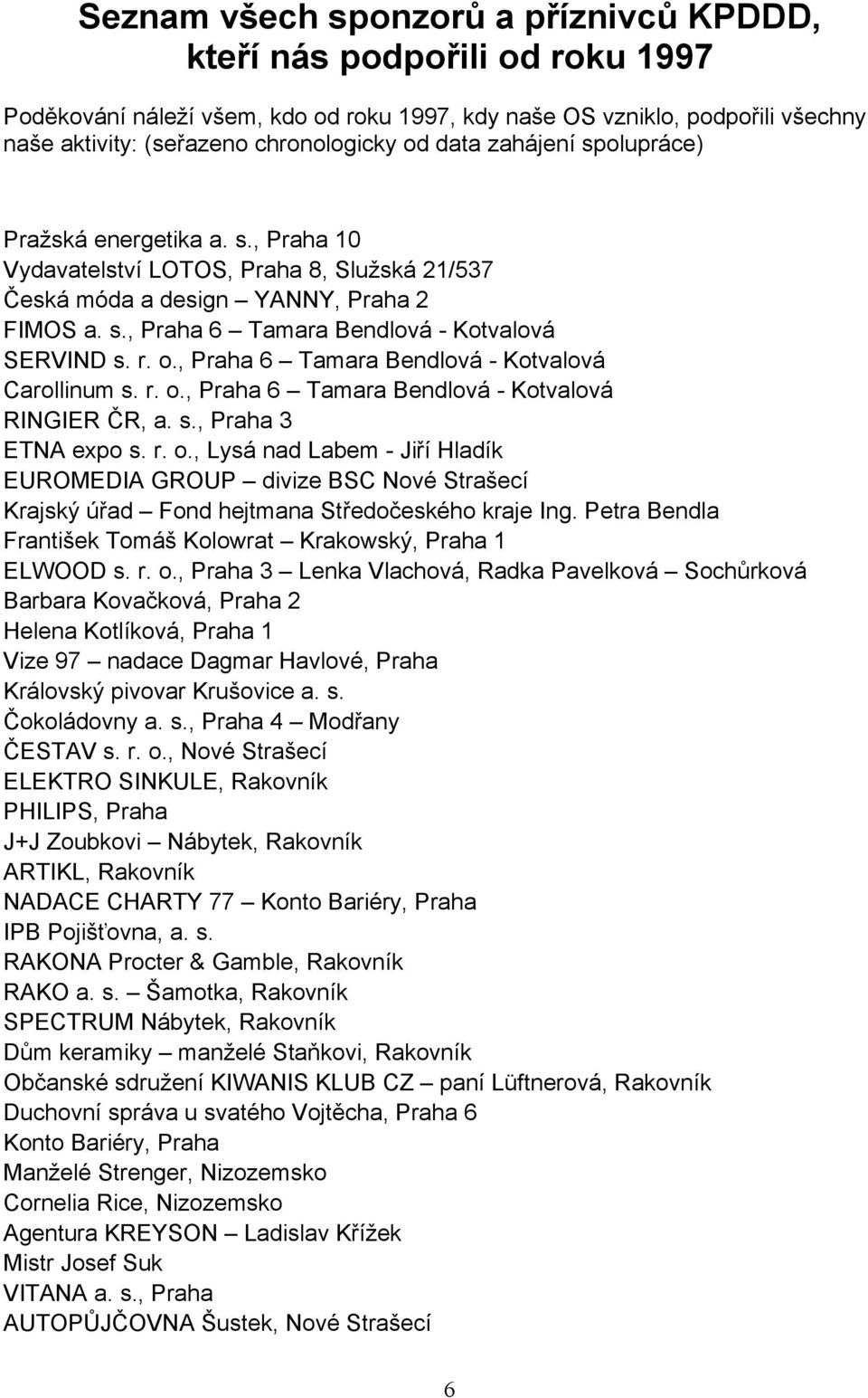 r. o., Praha 6 Tamara Bendlová - Kotvalová Carollinum s. r. o., Praha 6 Tamara Bendlová - Kotvalová RINGIER ČR, a. s., Praha 3 ETNA expo s. r. o., Lysá nad Labem - Jiří Hladík EUROMEDIA GROUP divize BSC Nové Strašecí Krajský úřad Fond hejtmana Středočeského kraje Ing.