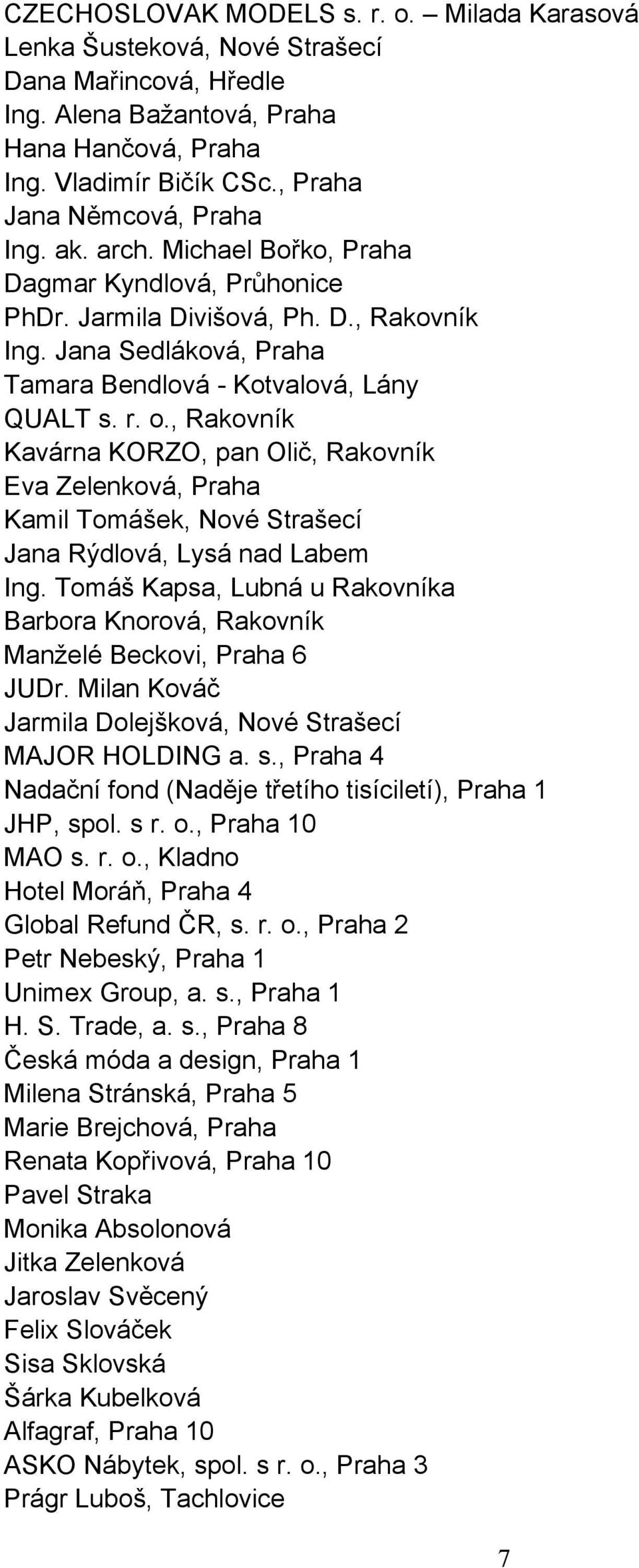 Jana Sedláková, Praha Tamara Bendlová - Kotvalová, Lány QUALT s. r. o., Rakovník Kavárna KORZO, pan Olič, Rakovník Eva Zelenková, Praha Kamil Tomášek, Nové Strašecí Jana Rýdlová, Lysá nad Labem Ing.