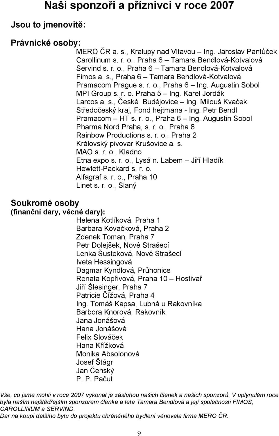 Milouš Kvaček Středočeský kraj, Fond hejtmana - Ing. Petr Bendl Pramacom HT s. r. o., Praha 6 Ing. Augustin Sobol Pharma Nord Praha, s. r. o., Praha 8 Rainbow Productions s. r. o., Praha 2 Královský pivovar Krušovice a.