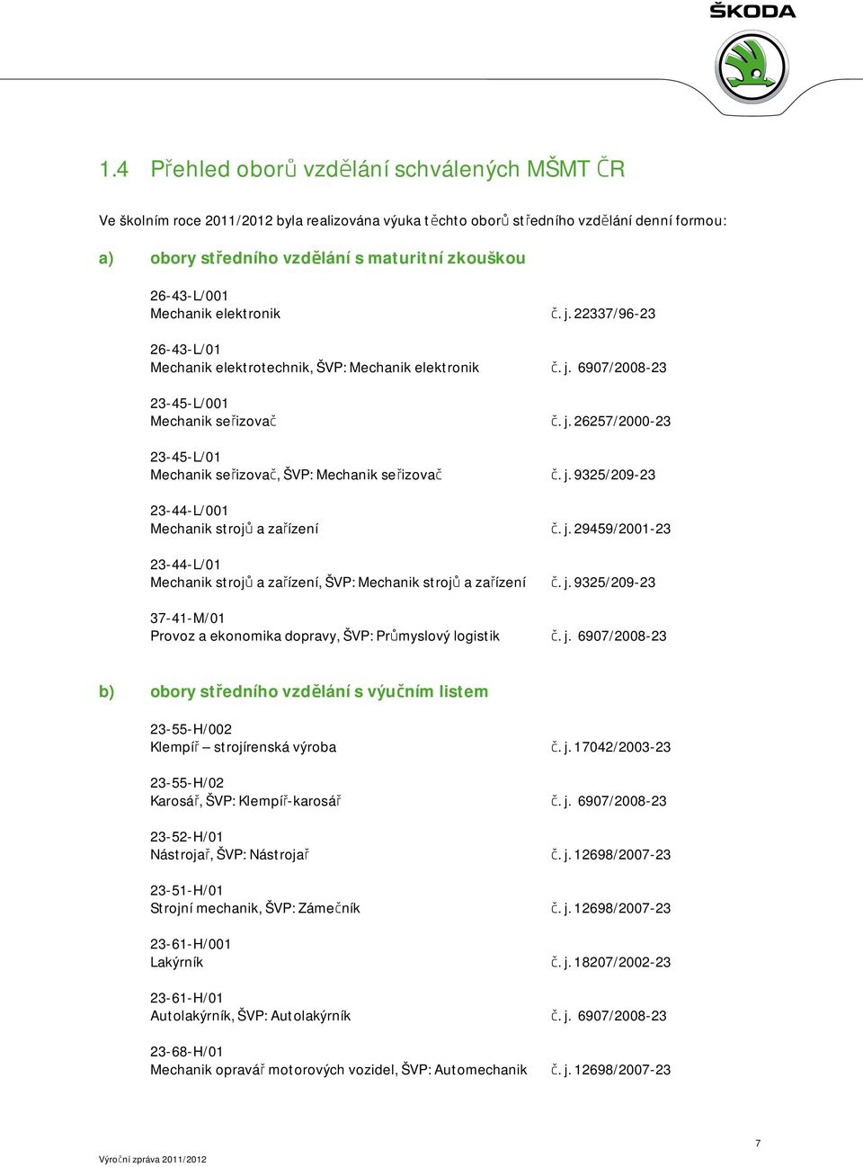 j. 9325/29-23 23-44-L/1 Mechanik strojů a zařízení č. j. 29459/21-23 23-44-L/1 Mechanik strojů a zařízení, ŠVP: Mechanik strojů a zařízení č. j. 9325/29-23 37-41-M/1 Provoz a ekonomika dopravy, ŠVP: Průmyslový logistik č.