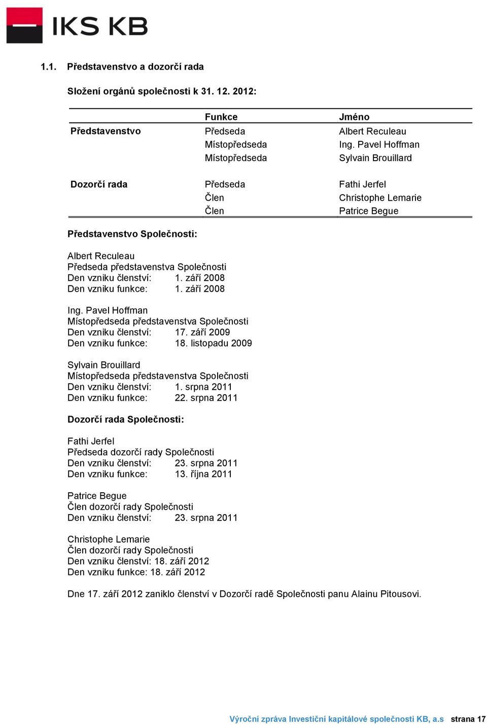 vzniku členství: 1. září 2008 Den vzniku funkce: 1. září 2008 Ing. Pavel Hoffman Místopředseda představenstva Společnosti Den vzniku členství: 17. září 2009 Den vzniku funkce: 18.