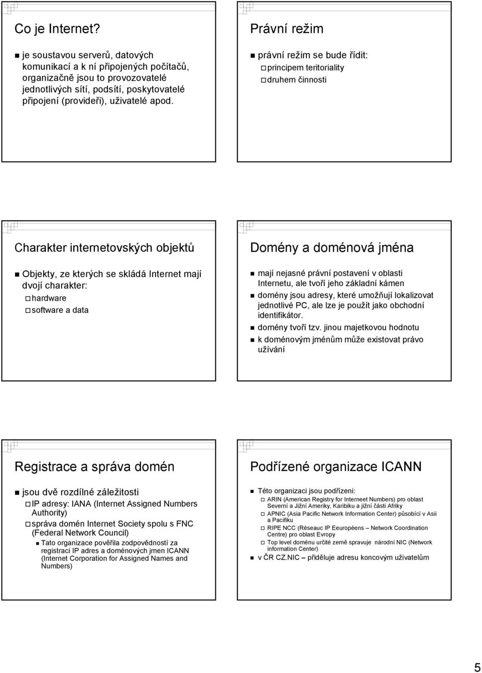 Právní režim právní režim se bude řídit: principem teritoriality druhem činnosti Charakter internetovských objektů Objekty, ze kterých se skládá Internet mají dvojí charakter: hardware software a