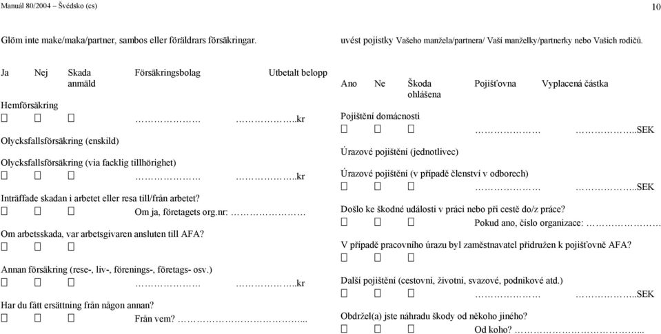 Om ja, företagets org.nr: Om arbetsskada, var arbetsgivaren ansluten till AFA? Annan försäing (rese-, liv-, förenings-, företags- osv.).. Har du fått ersättning från någon annan? Från vem?