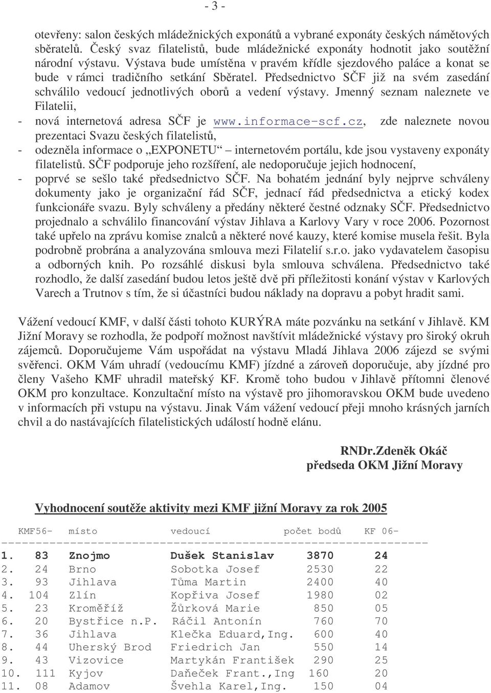 Jmenný seznam naleznete ve Filatelii, - nová internetová adresa SF je www.informace-scf.