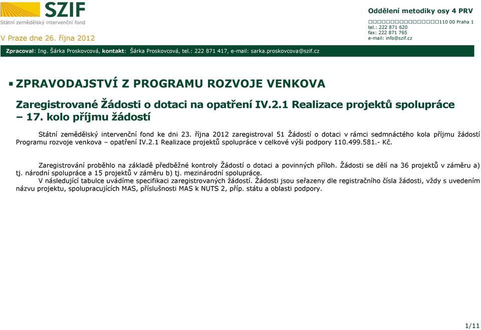 kolo příjmu žádostí Státní zemědělský intervenční fond ke dni 23. října 2012 zaregistroval 51 Žádostí o dotaci v rámci sedmnáctého kola příjmu žádostí Programu rozvoje venkova opatření IV.2.1 Realizace projektů spolupráce v celkové výši podpory 110.