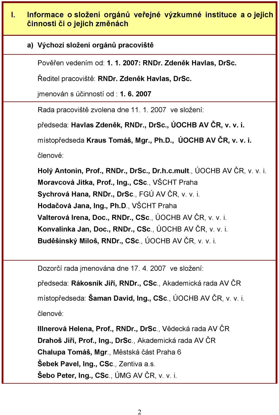 místopředseda Kraus Tomáš, Mgr., Ph.D., ÚOCHB AV ČR, v. v. i. členové: Holý Antonín, Prof., RNDr., DrSc., Dr.h.c.mult., ÚOCHB AV ČR, v. v. i. Moravcová Jitka, Prof., Ing., CSc.