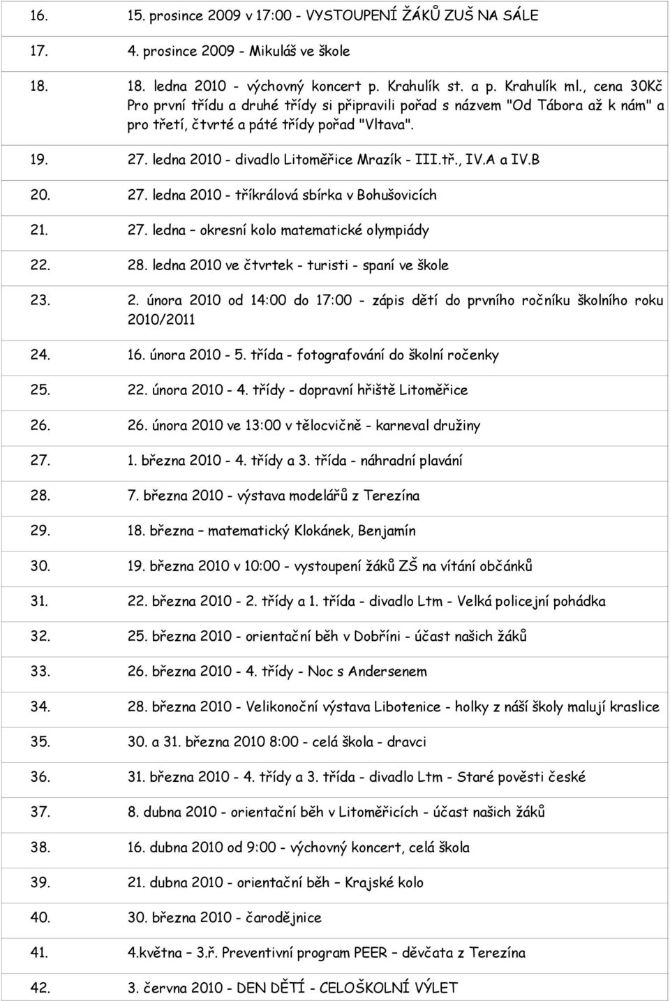 A a IV.B 20. 27. ledna 2010 - tříkrálová sbírka v Bohušovicích 21. 27. ledna okresní kolo matematické olympiády 22. 28. ledna 2010 ve čtvrtek - turisti - spaní ve škole 23. 2. února 2010 od 14:00 do 17:00 - zápis dětí do prvního ročníku školního roku 2010/2011 24.