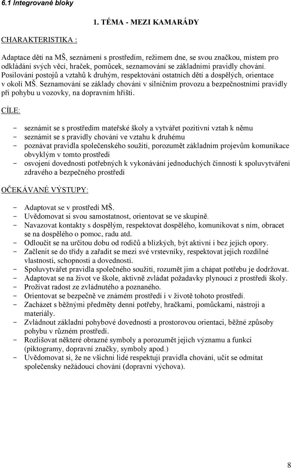 chování. Posilování postojů a vztahů k druhým, respektování ostatních dětí a dospělých, orientace v okolí MŠ.