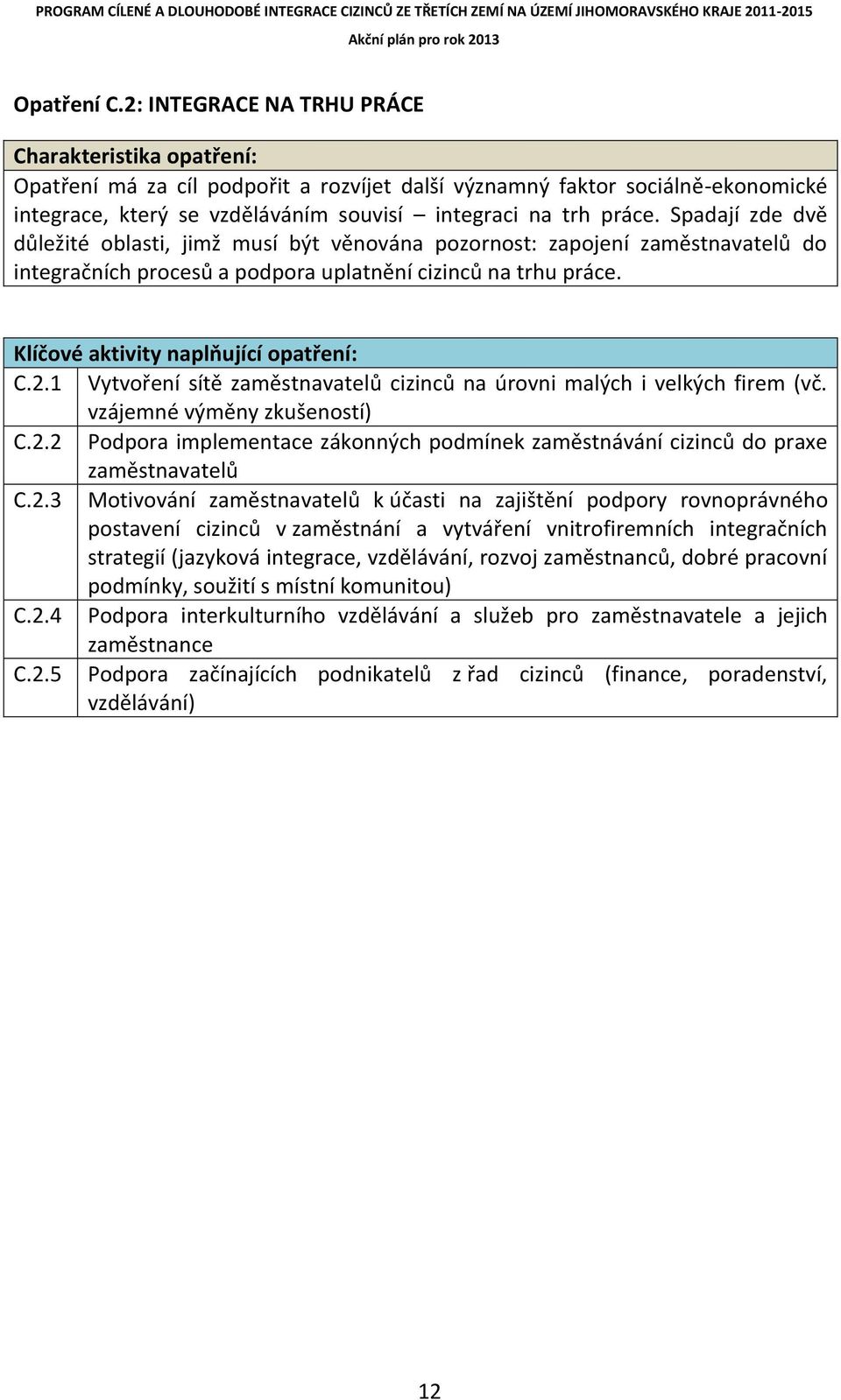 Spadají zde dvě důležité oblasti, jimž musí být věnována pozornost: zapojení zaměstnavatelů do integračních procesů a podpora uplatnění cizinců na trhu práce. Klíčové aktivity naplňující opatření: C.