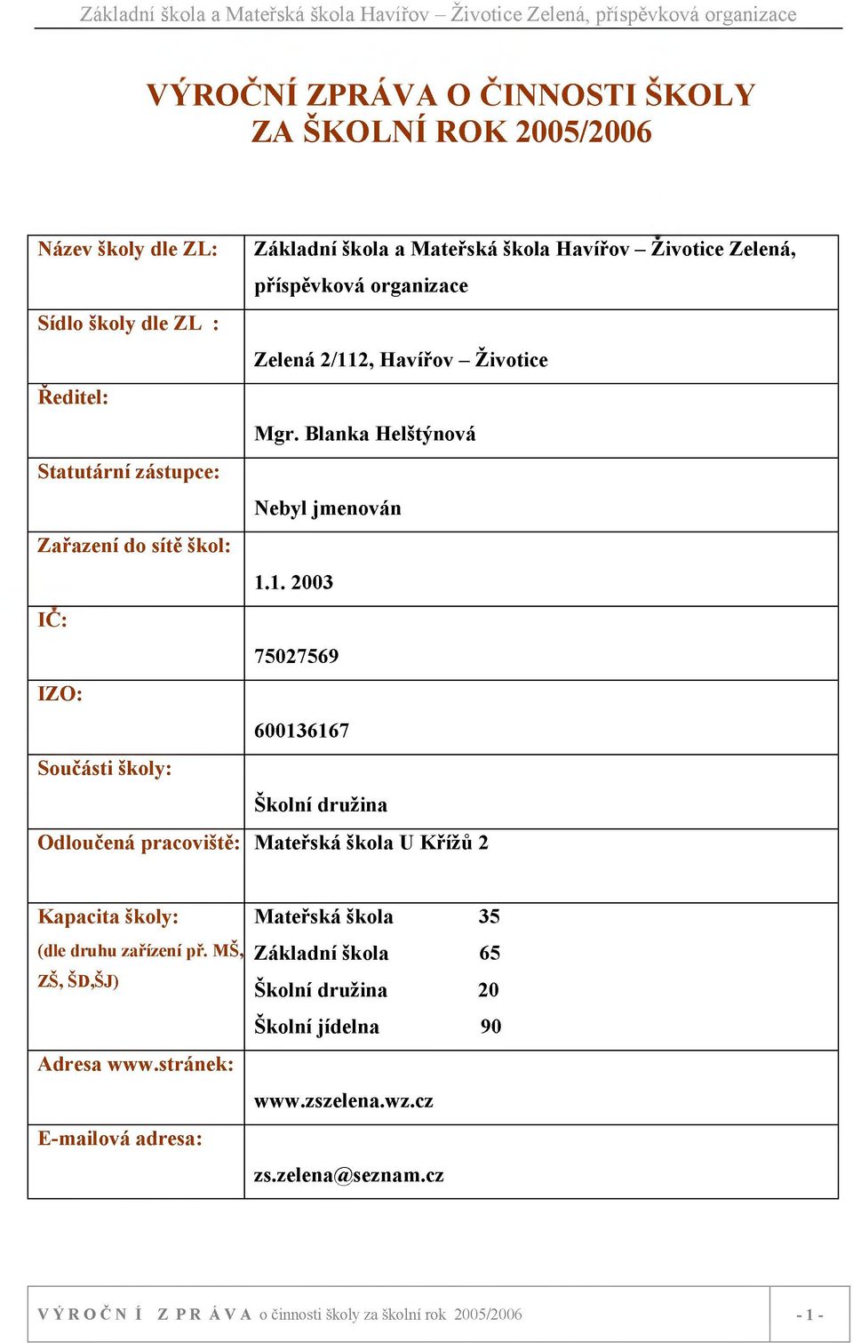 2, H avířov - Životice M gr. Blanka Helštýnová Statutární zástupce: Nebyl jm enován Zařazení do sítě škol: 1.