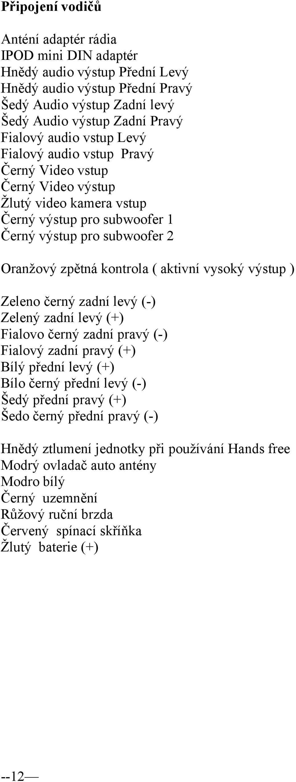 aktivní vysoký výstup ) Zeleno černý zadní levý (-) Zelený zadní levý (+) Fialovo černý zadní pravý (-) Fialový zadní pravý (+) Bílý přední levý (+) Bílo černý přední levý (-) Šedý přední