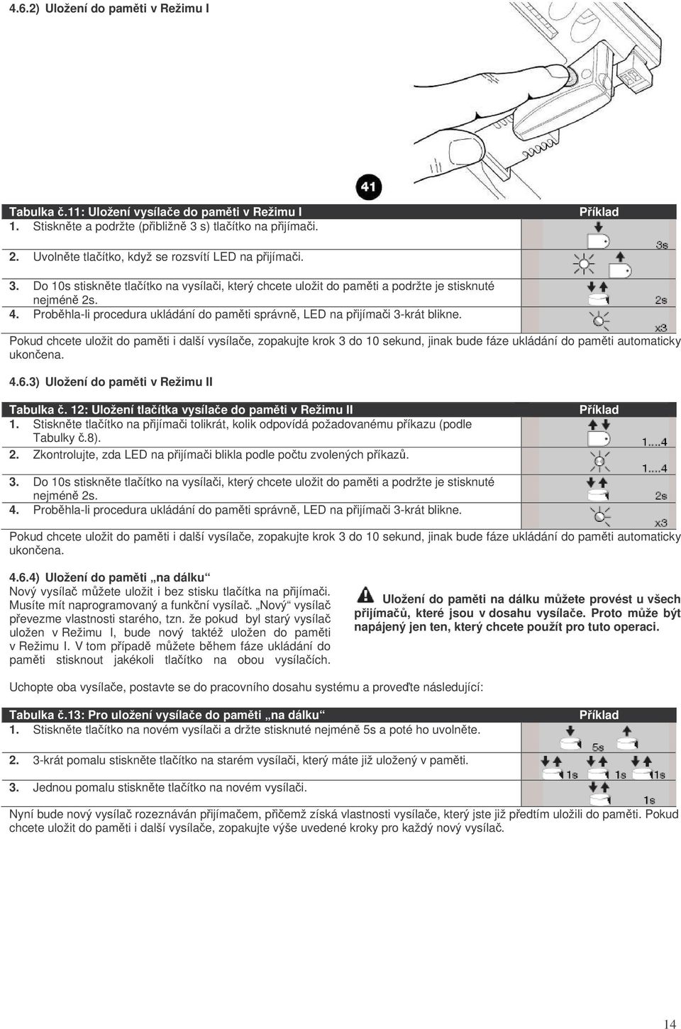 Pokud chcete uložit do pamti i další vysílae, zopakujte krok 3 do 10 sekund, jinak bude fáze ukládání do pamti automaticky ukonena. 4.6.3) Uložení do pamti v Režimu II Tabulka.