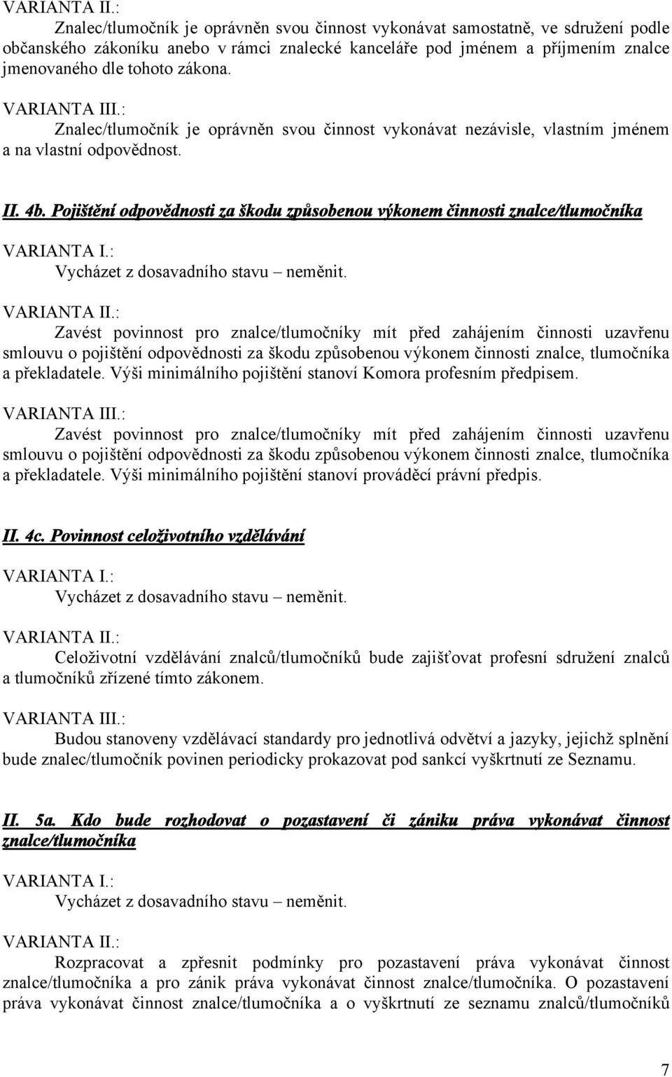 Pojištění odpovědnosti za škodu způsobenou výkonem činnosti znalce/tlumočníka Zavést povinnost pro znalce/tlumočníky mít před zahájením činnosti uzavřenu smlouvu o pojištění odpovědnosti za škodu