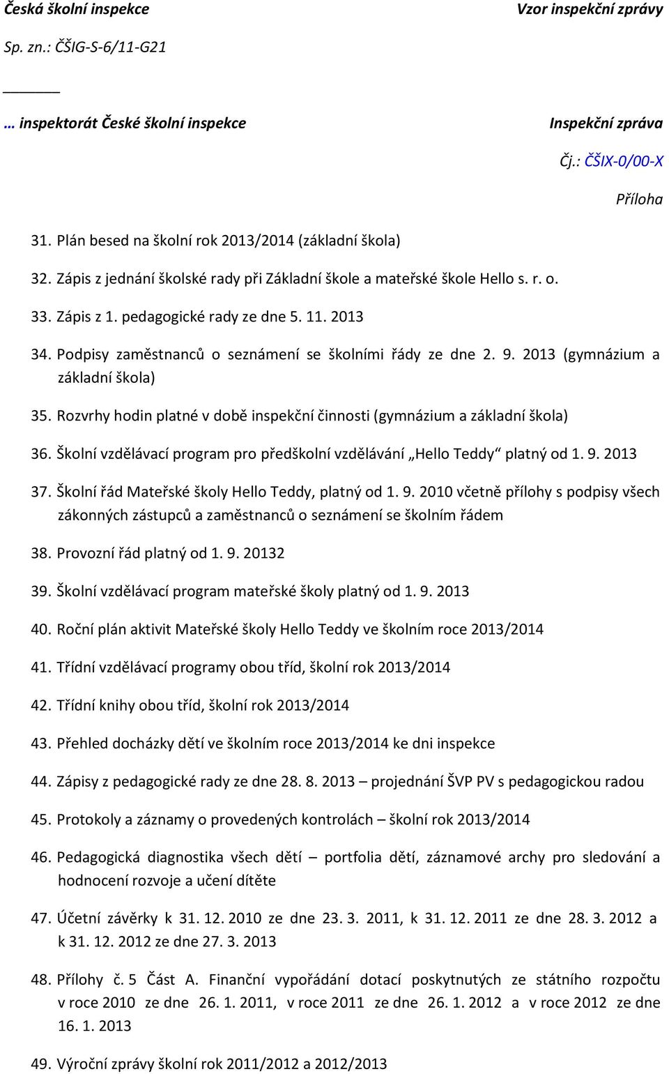 Školní vzdělávací program pro předškolní vzdělávání Hello Teddy platný od 1. 9. 2013 37. Školní řád Mateřské školy Hello Teddy, platný od 1. 9. 2010 včetně přílohy s podpisy všech zákonných zástupců a zaměstnanců o seznámení se školním řádem 38.