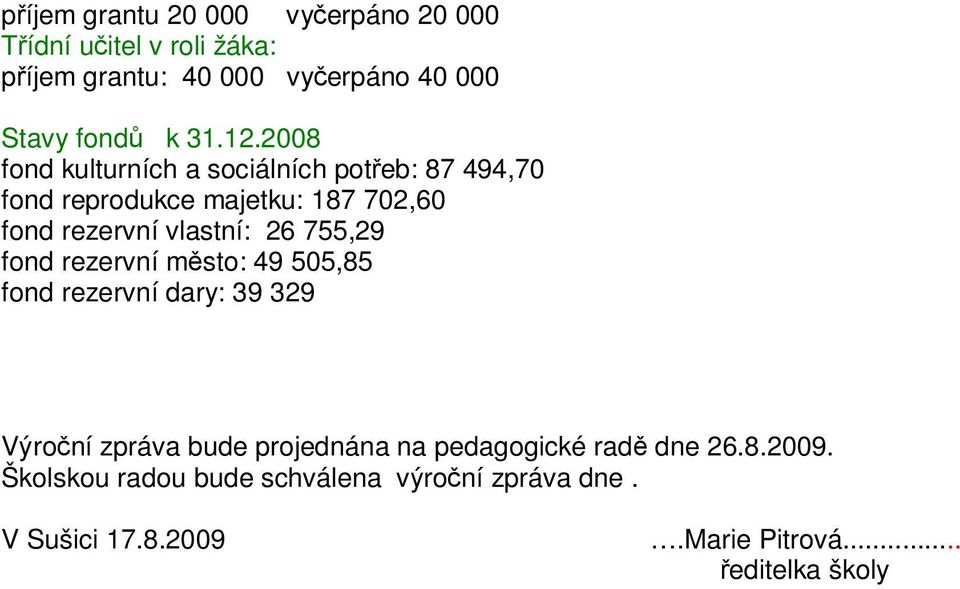 2008 fond kulturních a sociálních potřeb: 87 494,70 fond reprodukce majetku: 187 702,60 fond rezervní vlastní: 26