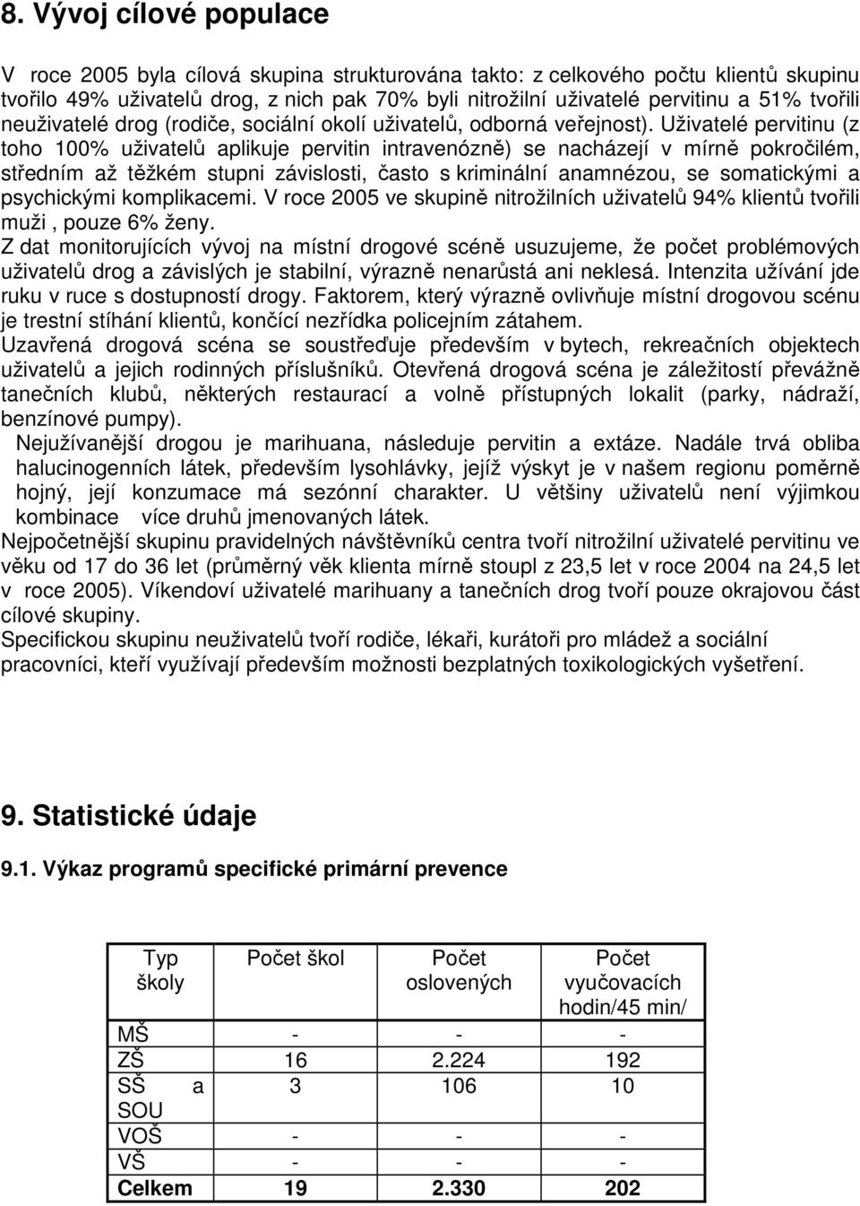 Uživatelé pervitinu (z toho 100% uživatelů aplikuje pervitin intravenózně) se nacházejí v mírně pokročilém, středním až těžkém stupni závislosti, často s kriminální anamnézou, se somatickými a