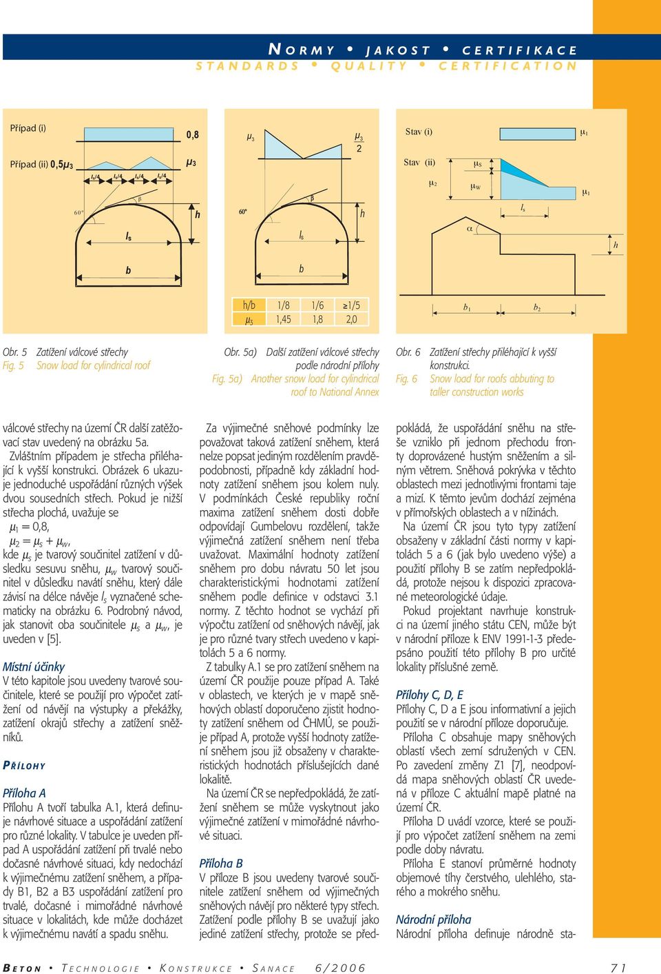6 Zatížení střecy přiléající k vyšší konstrukci. Snow load for roofs abbuting to taller construction works válcové střecy na území ČR další zatěžovací stav uvedený na obrázku 5a.