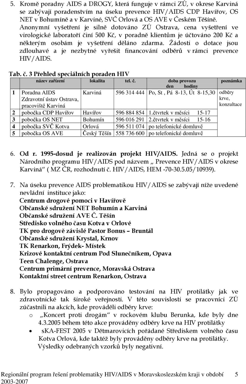 Žádosti o dotace jsou zdlouhavé a je nezbytné vyřešit financování odběrů v rámci prevence HIV/AIDS. Tab. č.