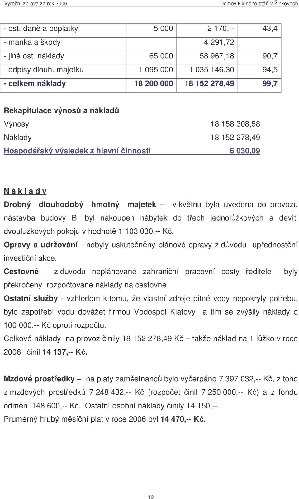 N á k l a d y Drobný dlouhodobý hmotný majetek v kvtnu byla uvedena do provozu nástavba budovy B, byl nakoupen nábytek do tech jednolžkových a devíti dvoulžkových pokoj v hodnot 1 103 030,-- K.