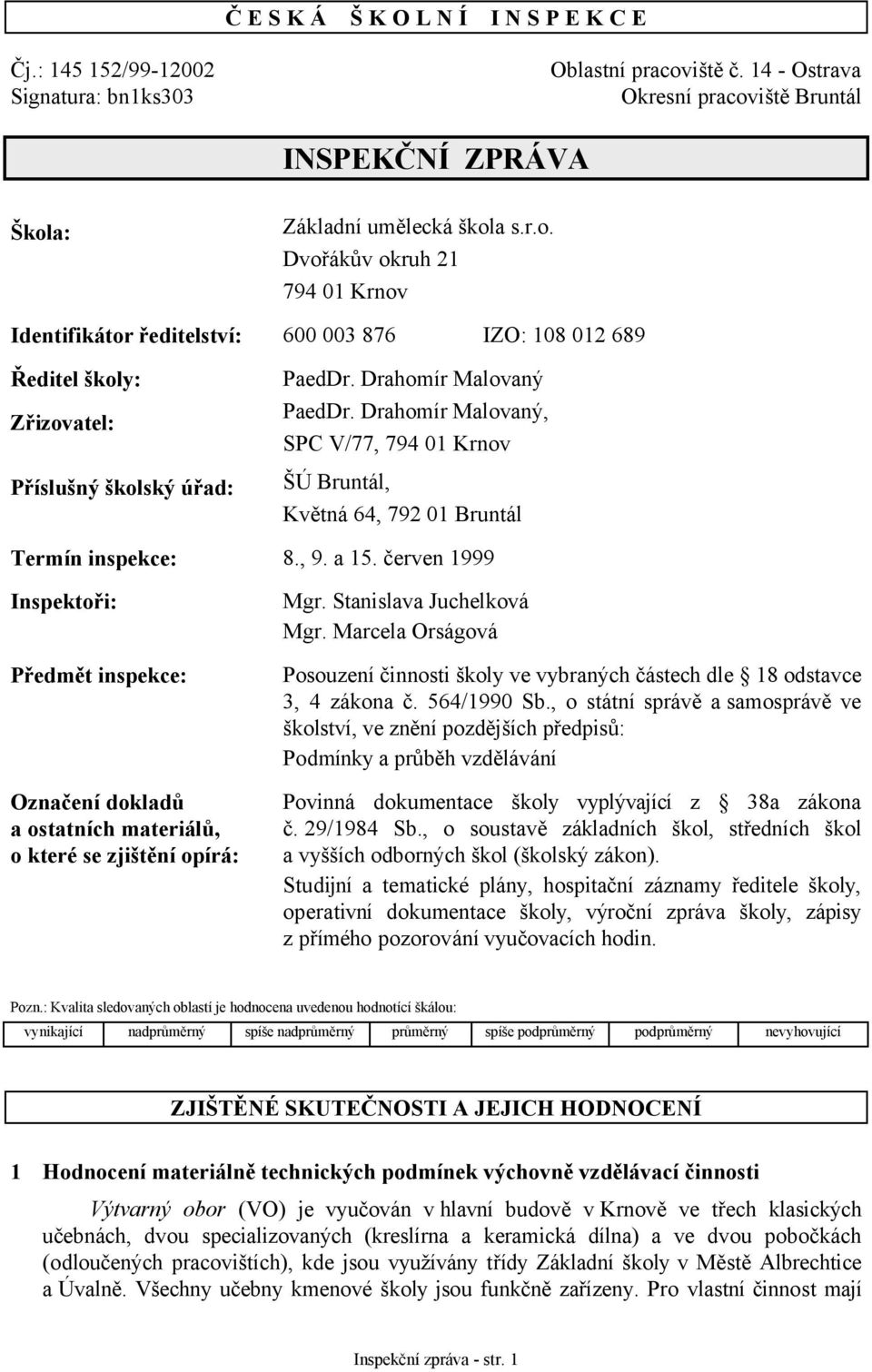 Drahomír Malovaný PaedDr. Drahomír Malovaný, SPC V/77, 794 01 Krnov ŠÚ Bruntál, Květná 64, 792 01 Bruntál Termín inspekce: 8., 9. a 15.