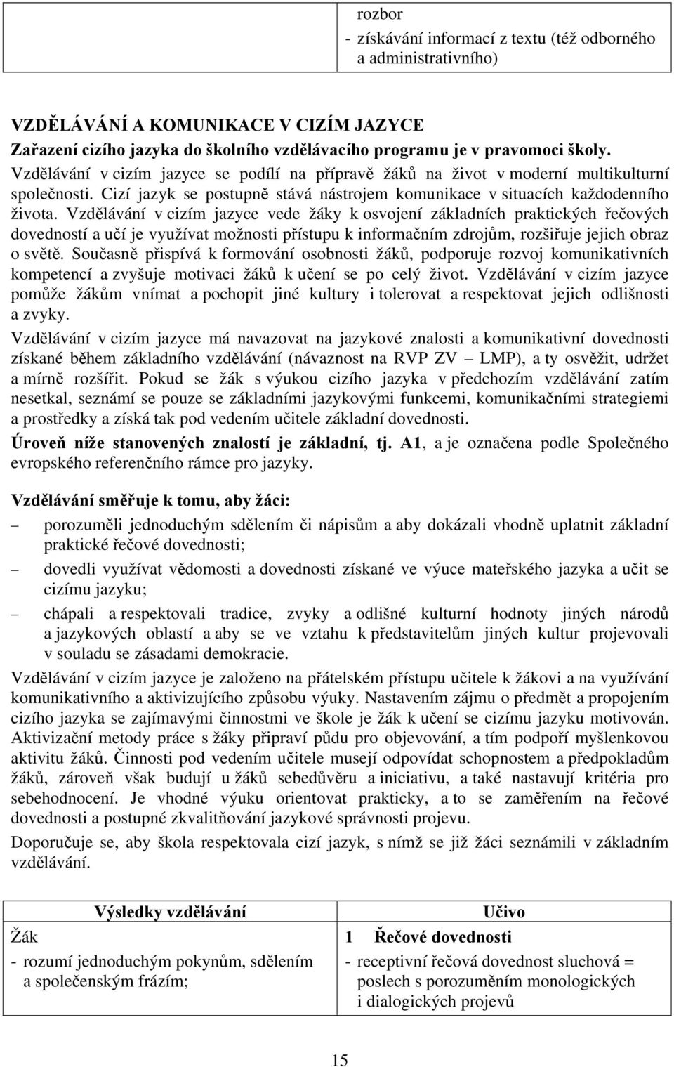 Vzdělávání v cizím jazyce vede žáky k osvojení základních praktických řečových dovedností a učí je využívat možnosti přístupu k informačním zdrojům, rozšiřuje jejich obraz o světě.