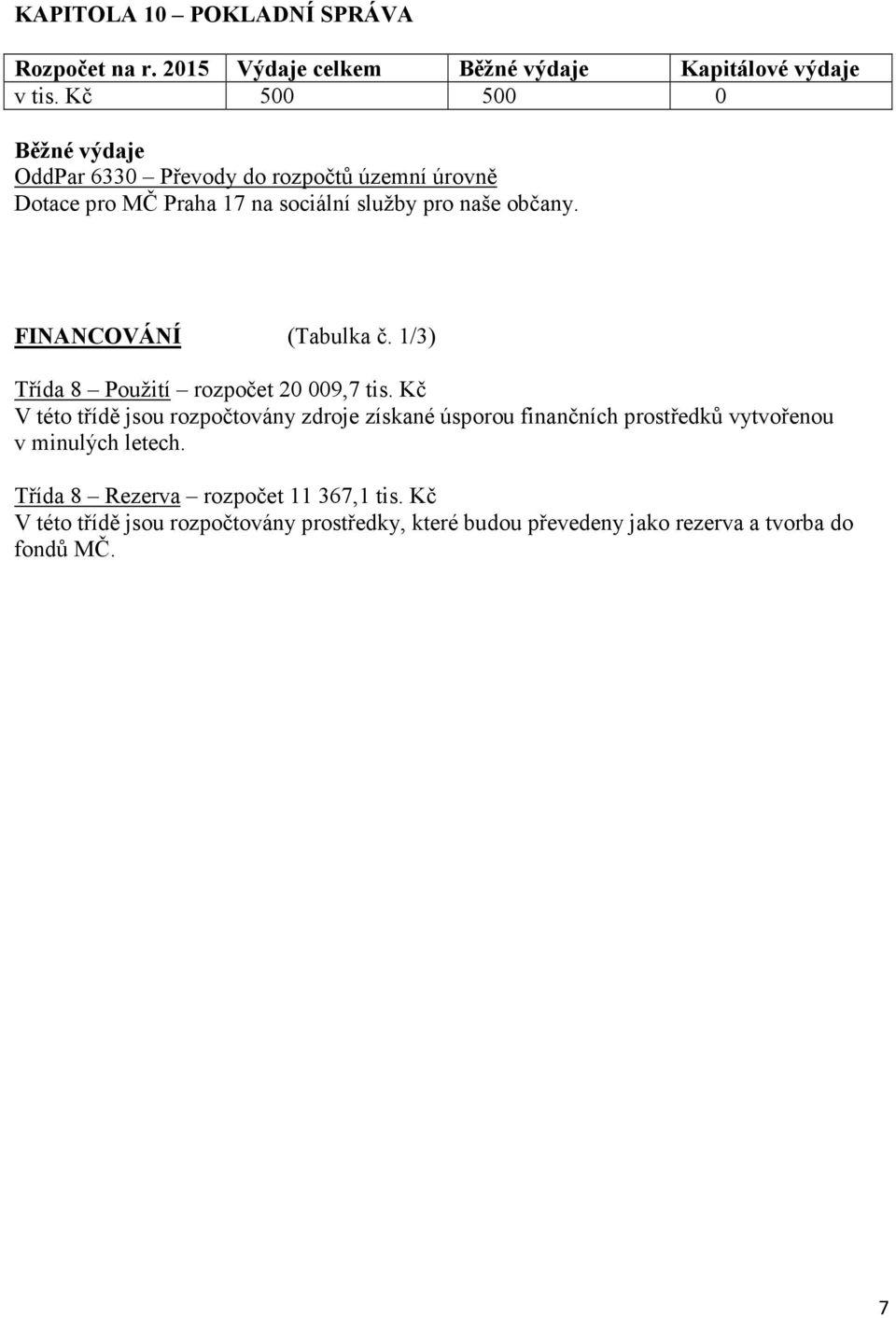 FINANCOVÁNÍ (Tabulka č. 1/3) Třída 8 Použití rozpočet 20 009,7 tis.