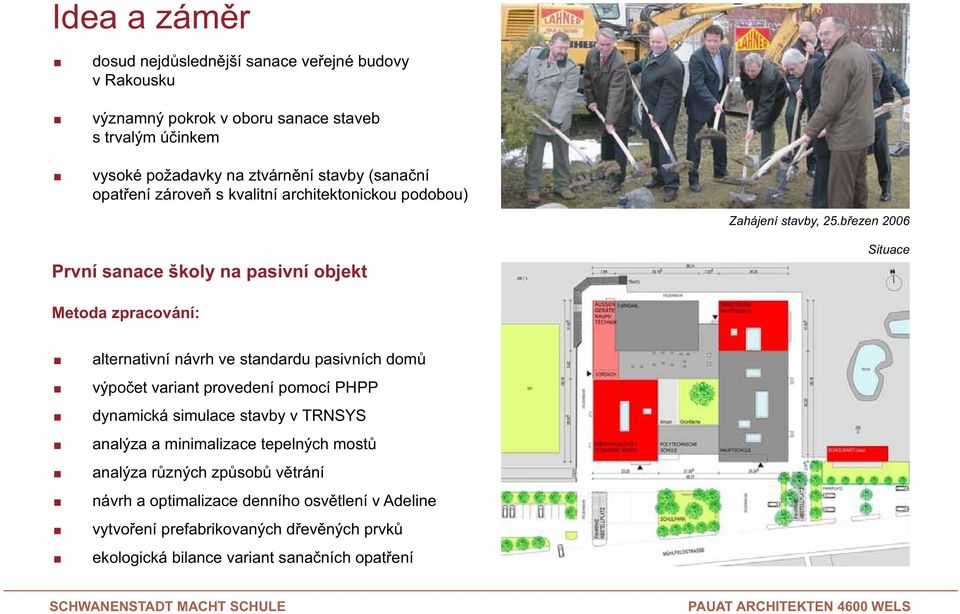 březen 2006 První sanace školy na pasivní objekt Situace Metoda zpracování: alternativní návrh ve standardu pasivních domů výpočet variant provedení pomocí PHPP