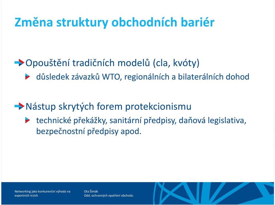 dohod Nástup skrytých forem protekcionismu technické překážky,