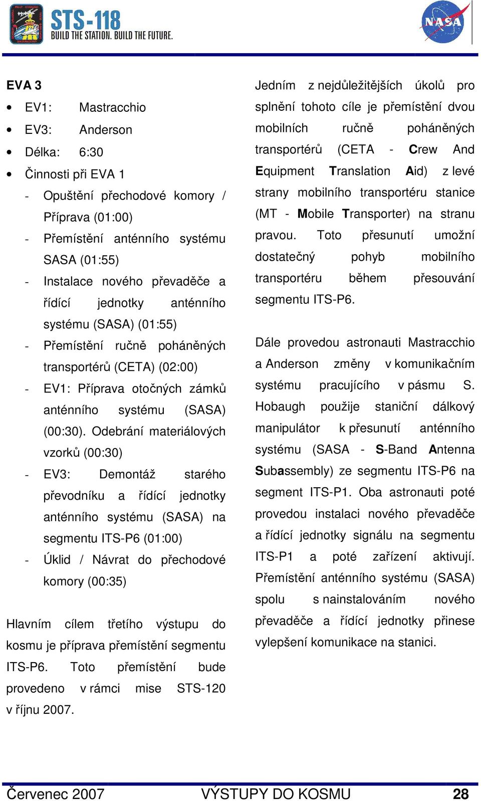 Odebrání materiálových vzorků (00:30) - EV3: Demontáž starého převodníku a řídící jednotky anténního systému (SASA) na segmentu ITS-P6 (01:00) - Úklid / Návrat do přechodové komory (00:35) Hlavním