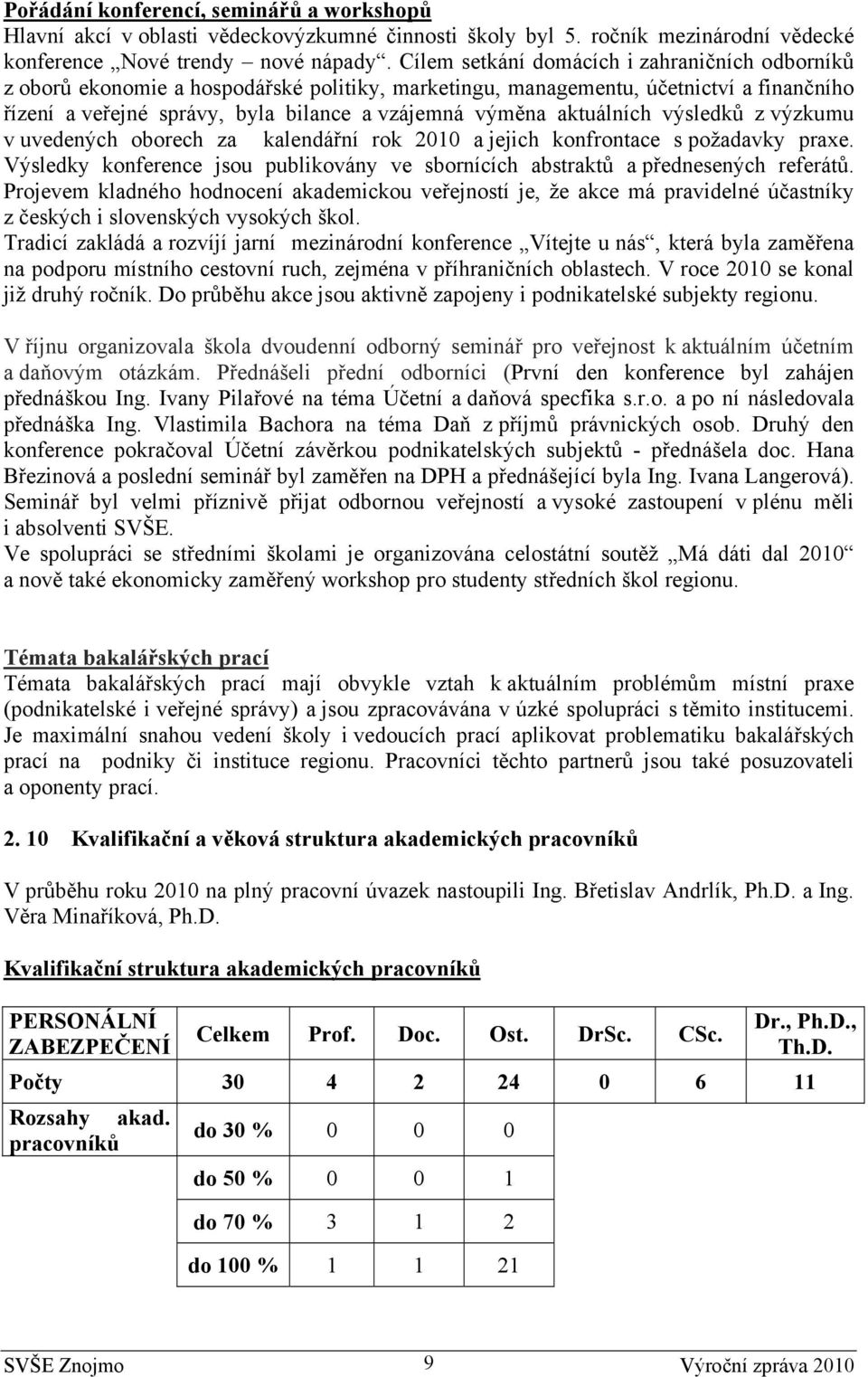 aktuálních výsledků z výzkumu v uvedených oborech za kalendářní rok 2010 a jejich konfrontace s požadavky praxe. Výsledky konference jsou publikovány ve sbornících abstraktů a přednesených referátů.