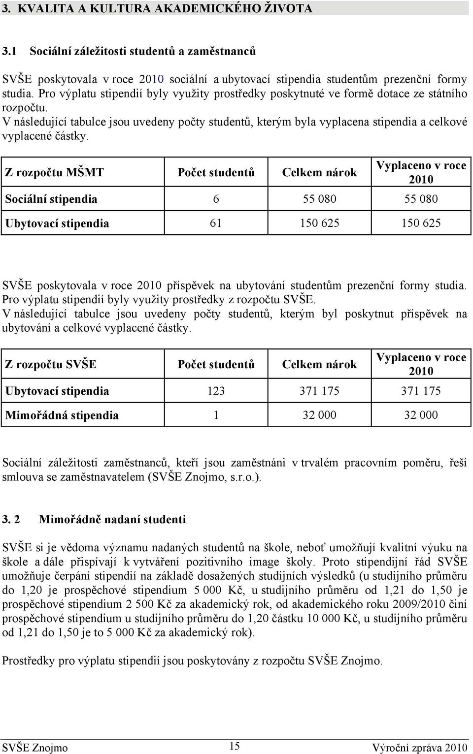 V následující tabulce jsou uvedeny počty studentů, kterým byla vyplacena stipendia a celkové vyplacené částky.