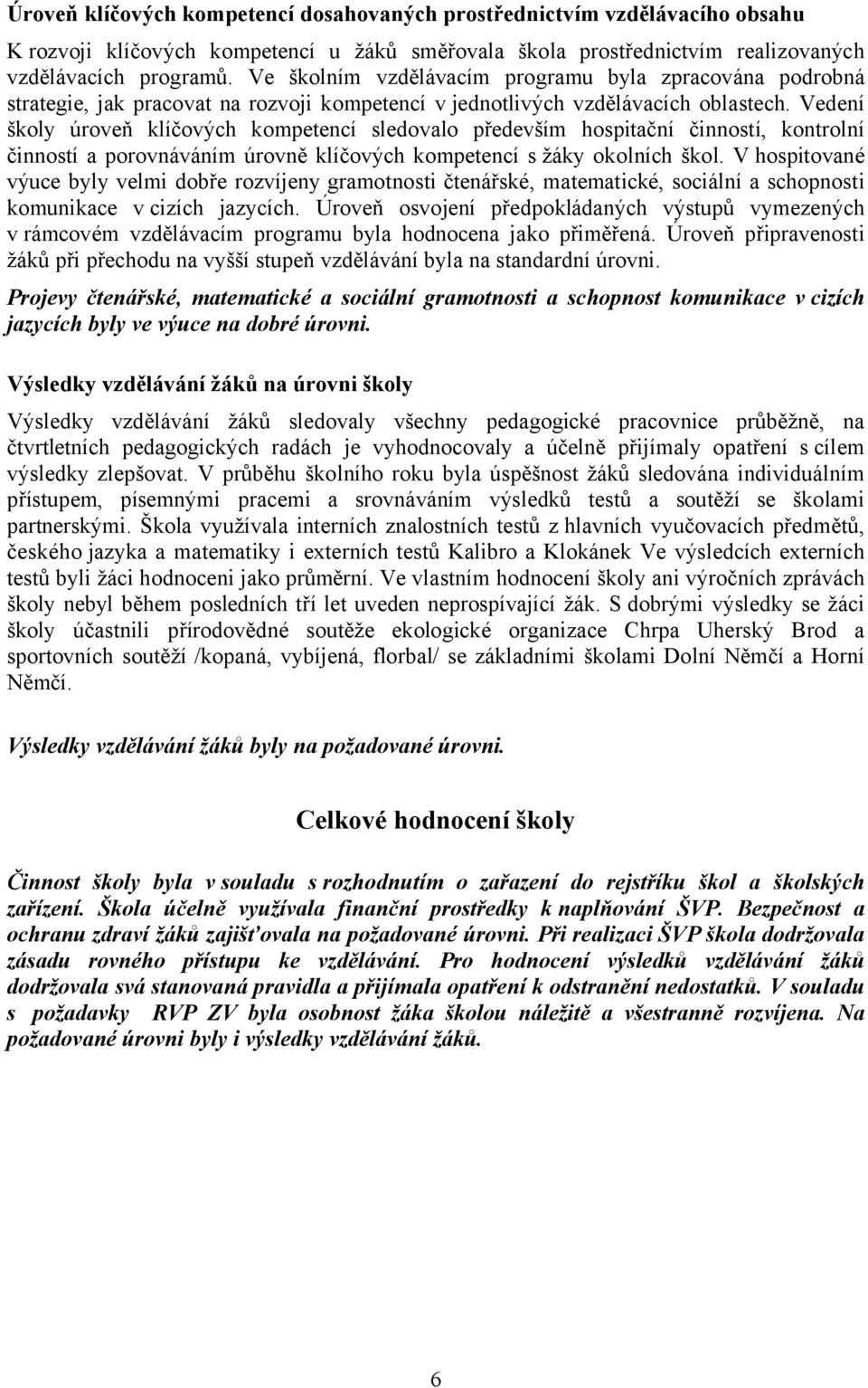 Vedení školy úroveň klíčových kompetencí sledovalo především hospitační činností, kontrolní činností a porovnáváním úrovně klíčových kompetencí s žáky okolních škol.
