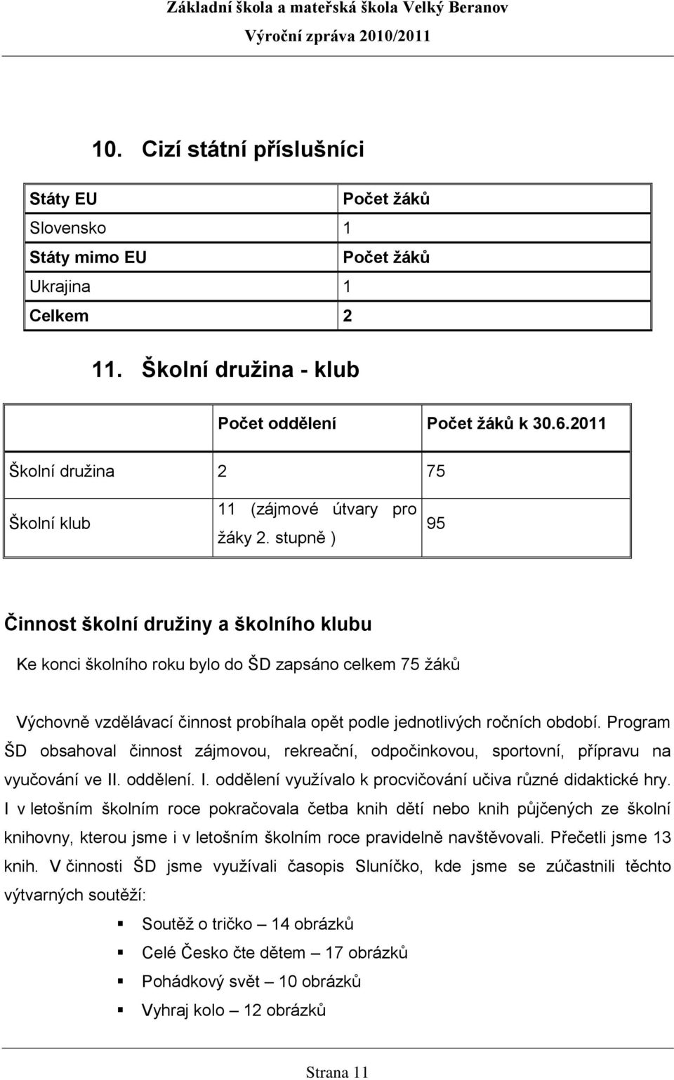 stupně ) 95 Činnost školní družiny a školního klubu Ke konci školního roku bylo do ŠD zapsáno celkem 75 žáků Výchovně vzdělávací činnost probíhala opět podle jednotlivých ročních období.