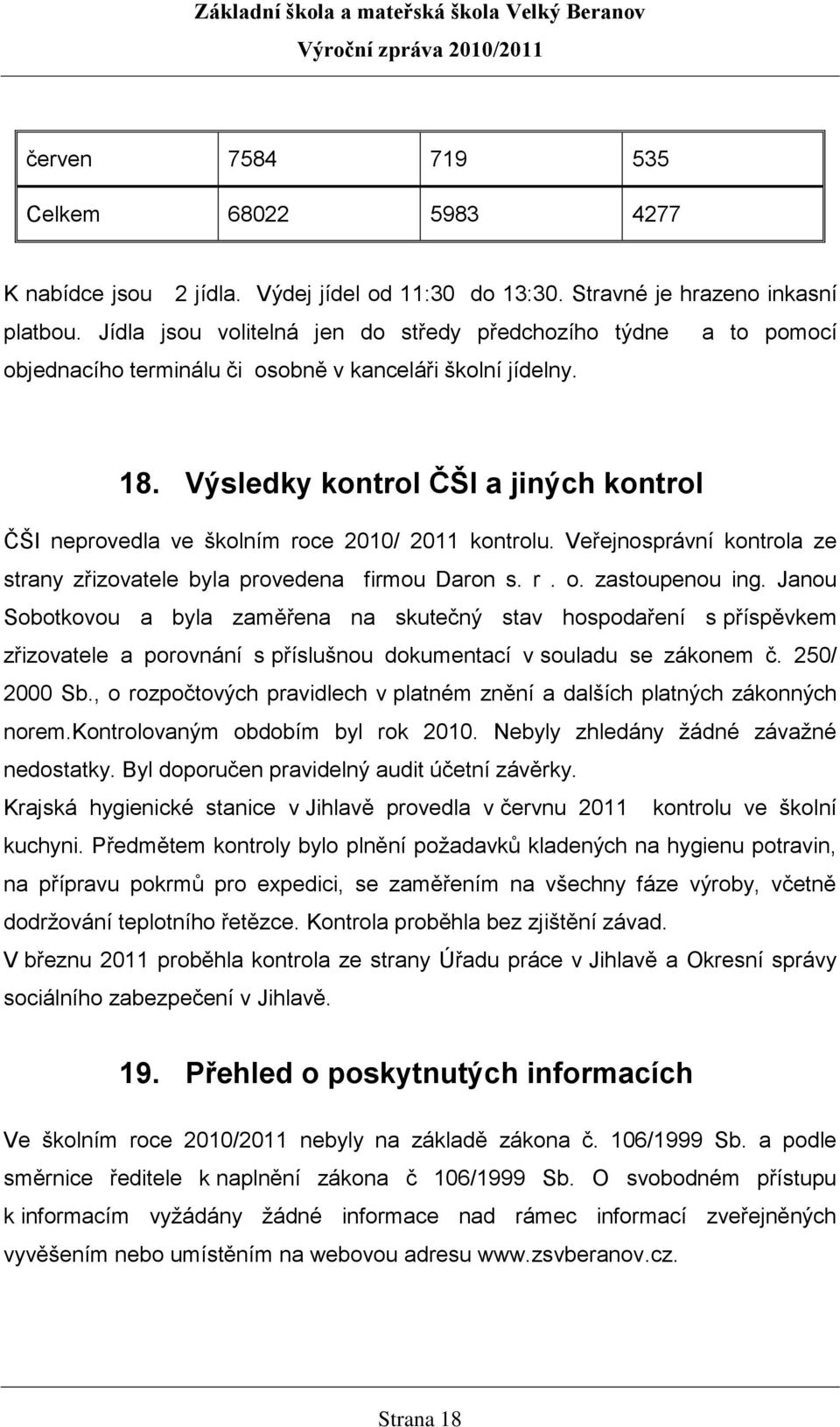 Výsledky kontrol ČŠI a jiných kontrol ČŠI neprovedla ve školním roce 2010/ 2011 kontrolu. Veřejnosprávní kontrola ze strany zřizovatele byla provedena firmou Daron s. r. o. zastoupenou ing.