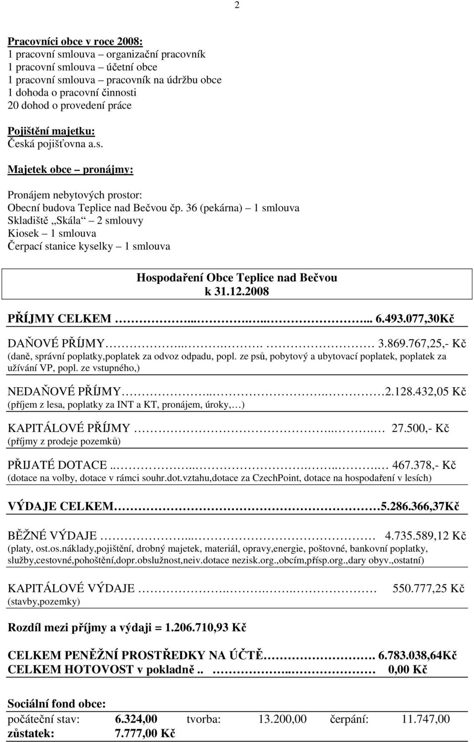 36 (pekárna) 1 smlouva Skladiště Skála 2 smlouvy Kiosek 1 smlouva Čerpací stanice kyselky 1 smlouva Hospodaření Obce Teplice nad Bečvou k 31.12.2008 PŘÍJMY CELKEM......... 6.493.