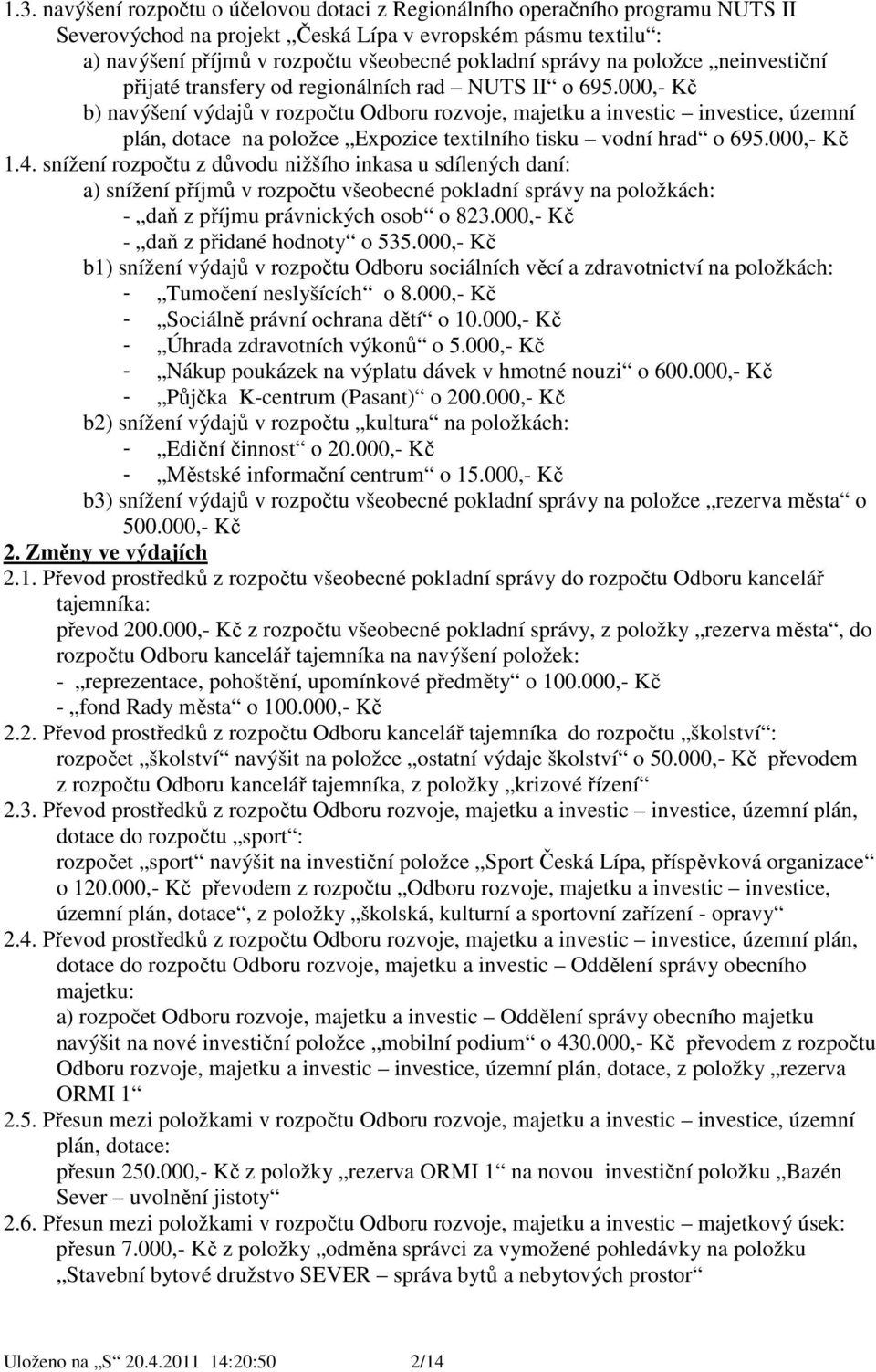 000,- Kč b) navýšení výdajů v rozpočtu Odboru rozvoje, majetku a investic investice, územní plán, dotace na položce Expozice textilního tisku vodní hrad o 695.000,- Kč 1.4.