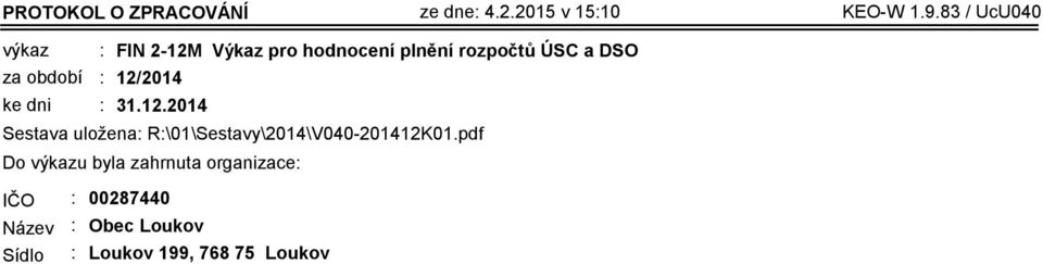 rozpočtů ÚSC a DSO 12/2014 31.12.2014 Sestava uložena: R:\01\Sestavy\2014\V040-201412K01.