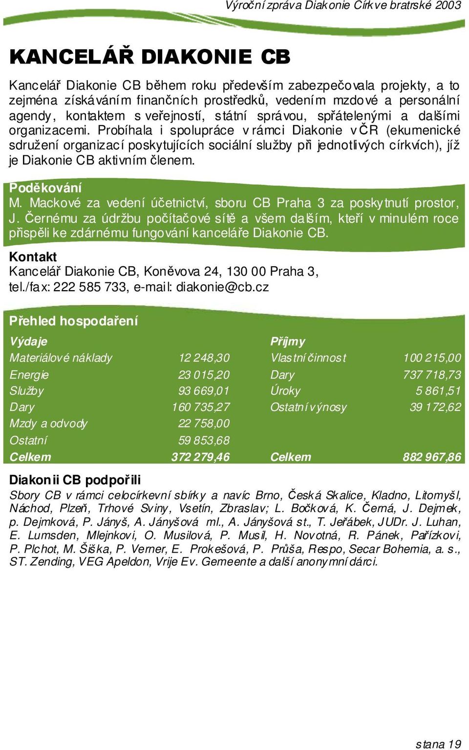 Probíhala i spolupráce v rámci Diakonie v R (ekumenické sdružení organizací poskytujících sociální služby pi jednotlivých církvích), jíž je Diakonie CB aktivním lenem. Podkování M.