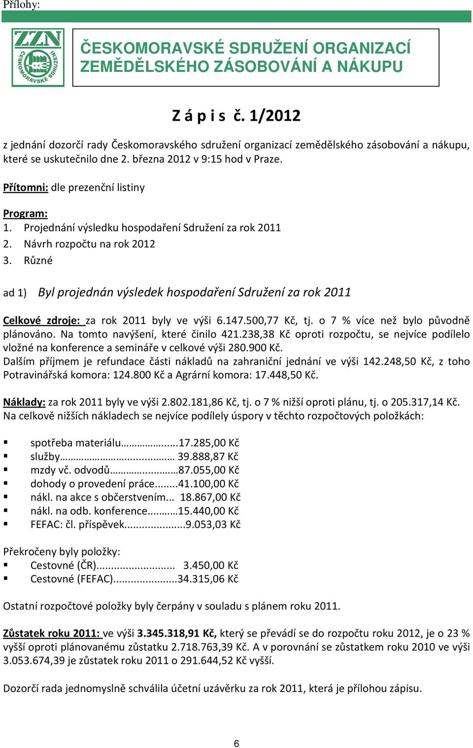 Přítomni: dle prezenční listiny Program: 1. Projednání výsledku hospodaření Sdružení za rok 2011 2. Návrh rozpočtu na rok 2012 3.