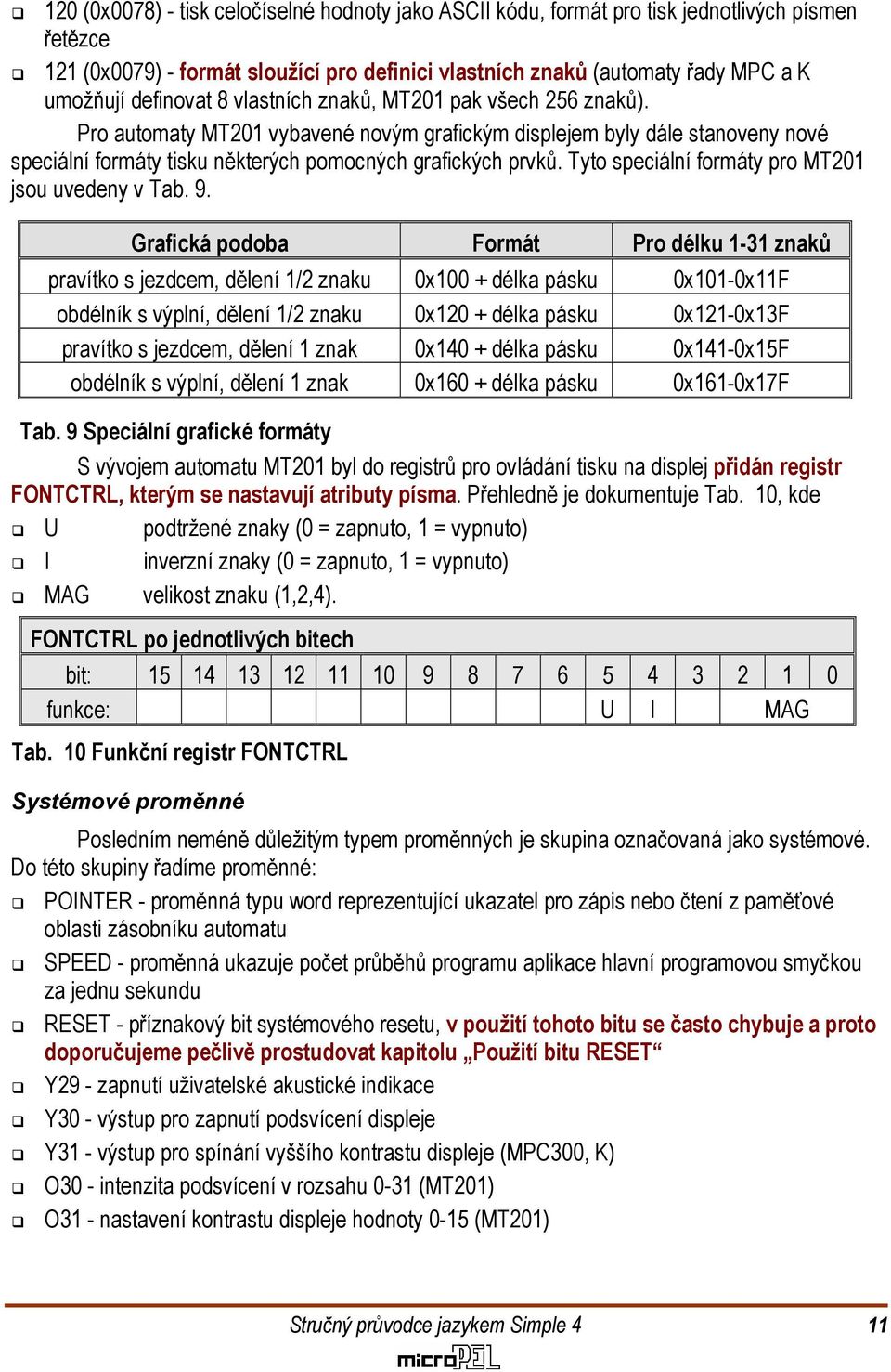 Tyto speciální formáty pro MT201 jsou uvedeny v Tab 9 Tab 9 Speciální grafické formáty S vývojem automatu MT201 byl do registrů pro ovládání tisku na displej přidán registr FONTCTRL, kterým se