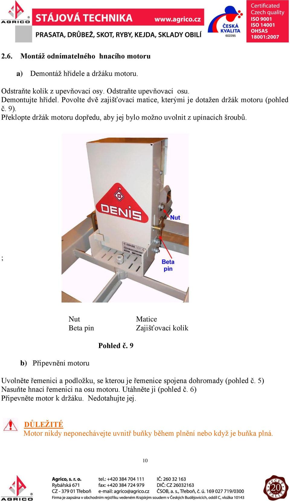 ; Nut Beta pin Matice Zajišťovací kolík Pohled č. 9 b) Připevnění motoru Uvolněte řemenici a podložku, se kterou je řemenice spojena dohromady (pohled č.