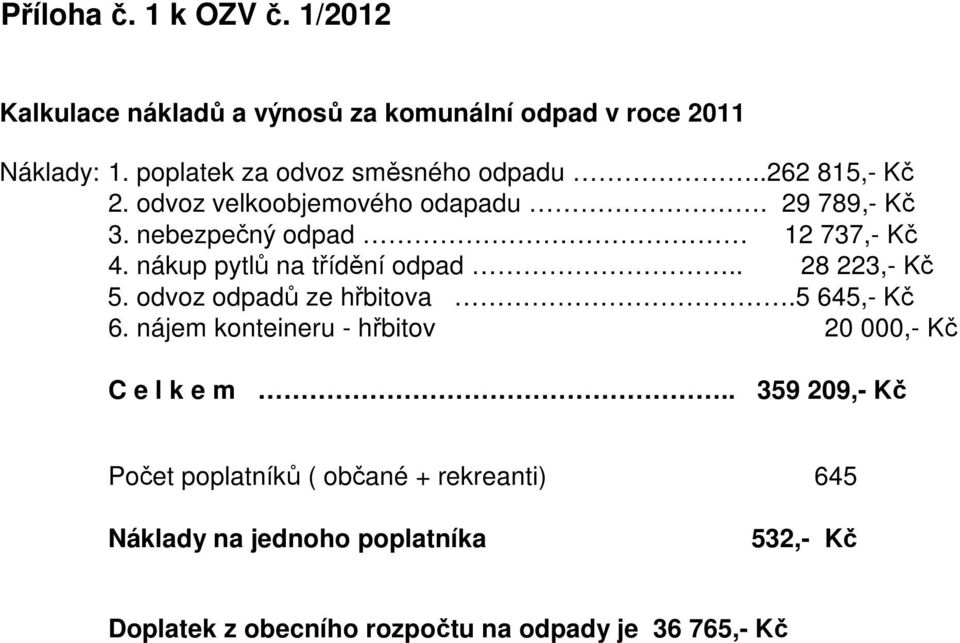 nebezpe ný odpad 12 737,- K 4. nákup pytl na t íd ní odpad.. 28 223,- K 5. odvoz odpad ze h bitova.5 645,- K 6.