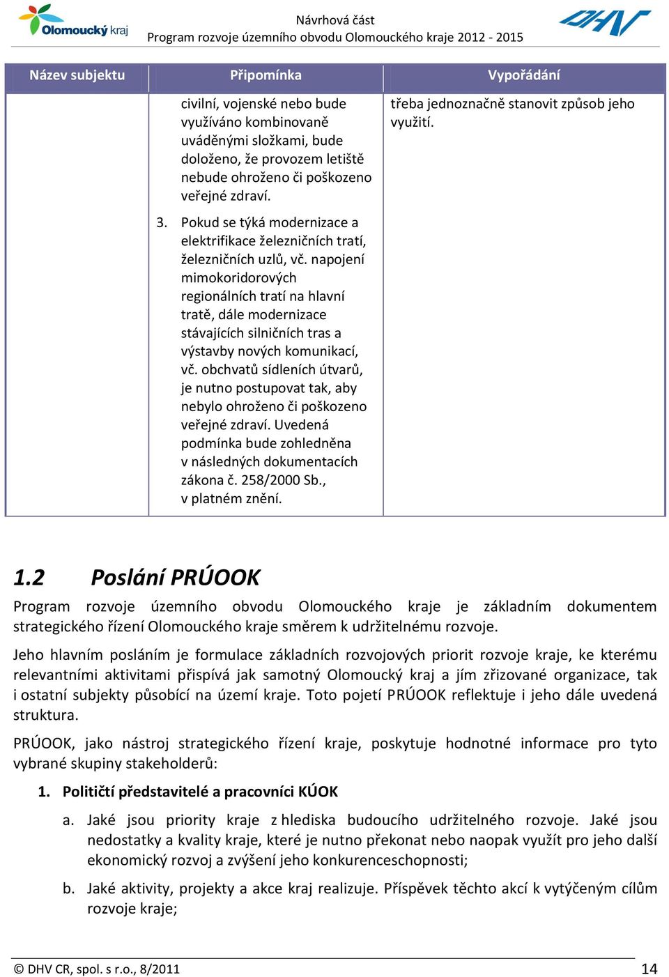 napojení mimokoridorových regionálních tratí na hlavní tratě, dále modernizace stávajících silničních tras a výstavby nových komunikací, vč.