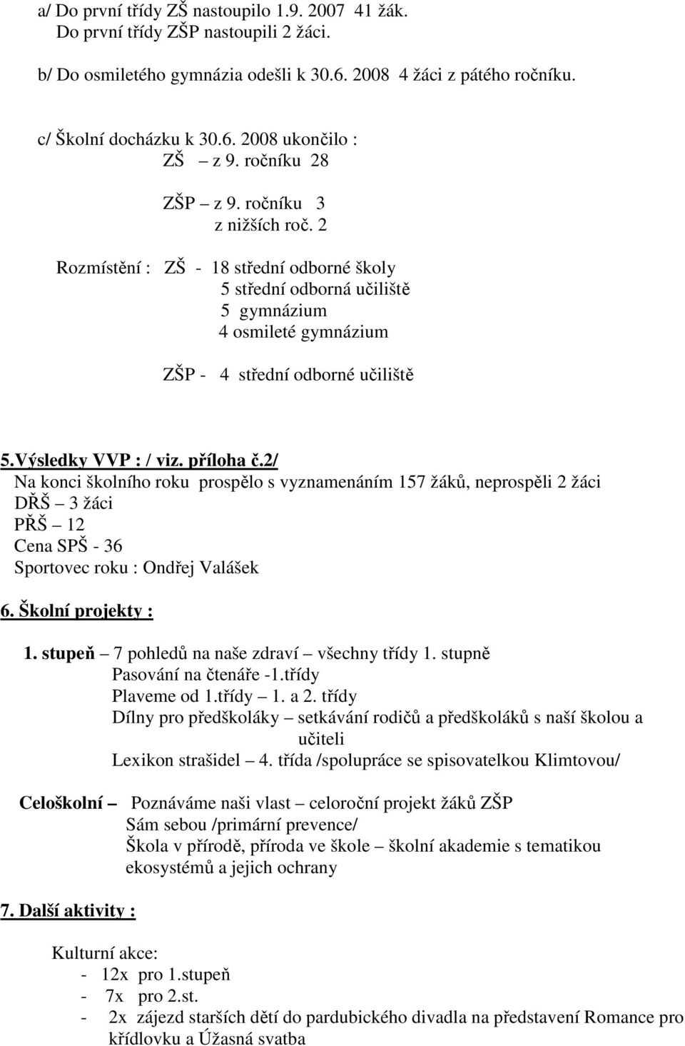 Výsledky VVP : / viz. příloha č.2/ Na konci školního roku prospělo s vyznamenáním 157 žáků, neprospěli 2 žáci DŘŠ 3 žáci PŘŠ 12 Cena SPŠ - 36 Sportovec roku : Ondřej Valášek 6. Školní projekty : 1.