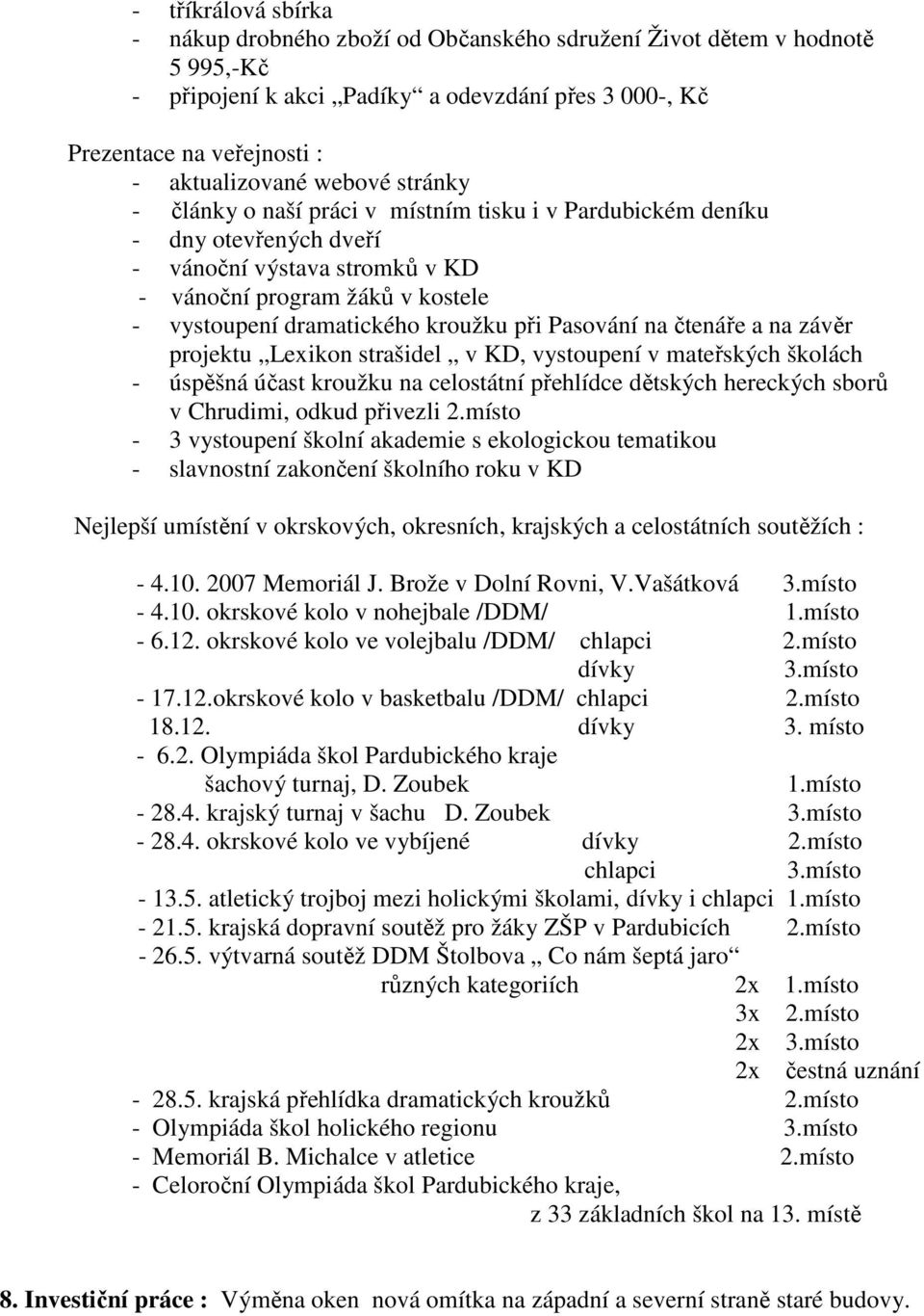 při Pasování na čtenáře a na závěr projektu Lexikon strašidel v KD, vystoupení v mateřských školách - úspěšná účast kroužku na celostátní přehlídce dětských hereckých sborů v Chrudimi, odkud přivezli