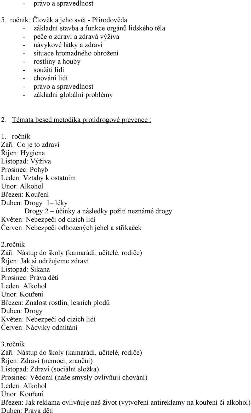 soužití lidí - chování lidí - právo a spravedlnost - základní globální problémy 2. Témata besed metodika protidrogové prevence : 1.