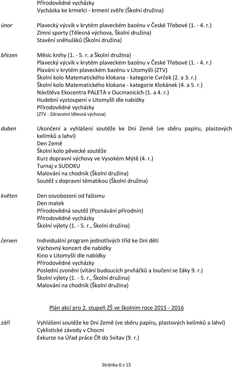 a Školní družina) Plavecký výcvik v krytém plaveckém bazénu v České Třebové (1. - 4. r.) Plavání v krytém plaveckém bazénu v Litomyšli (ZTV) Školní kolo Matematického klokana - kategorie Cvrček (2.