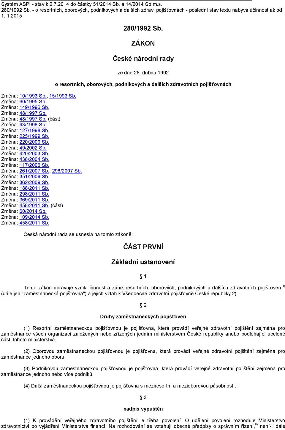 Změna: 220/2000 Sb. Změna: 49/2002 Sb. Změna: 420/2003 Sb. Změna: 438/2004 Sb. Změna: 117/2006 Sb. Změna: 261/2007 Sb., 296/2007 Sb. Změna: 351/2009 Sb. Změna: 362/2009 Sb. Změna: 188/2011 Sb.