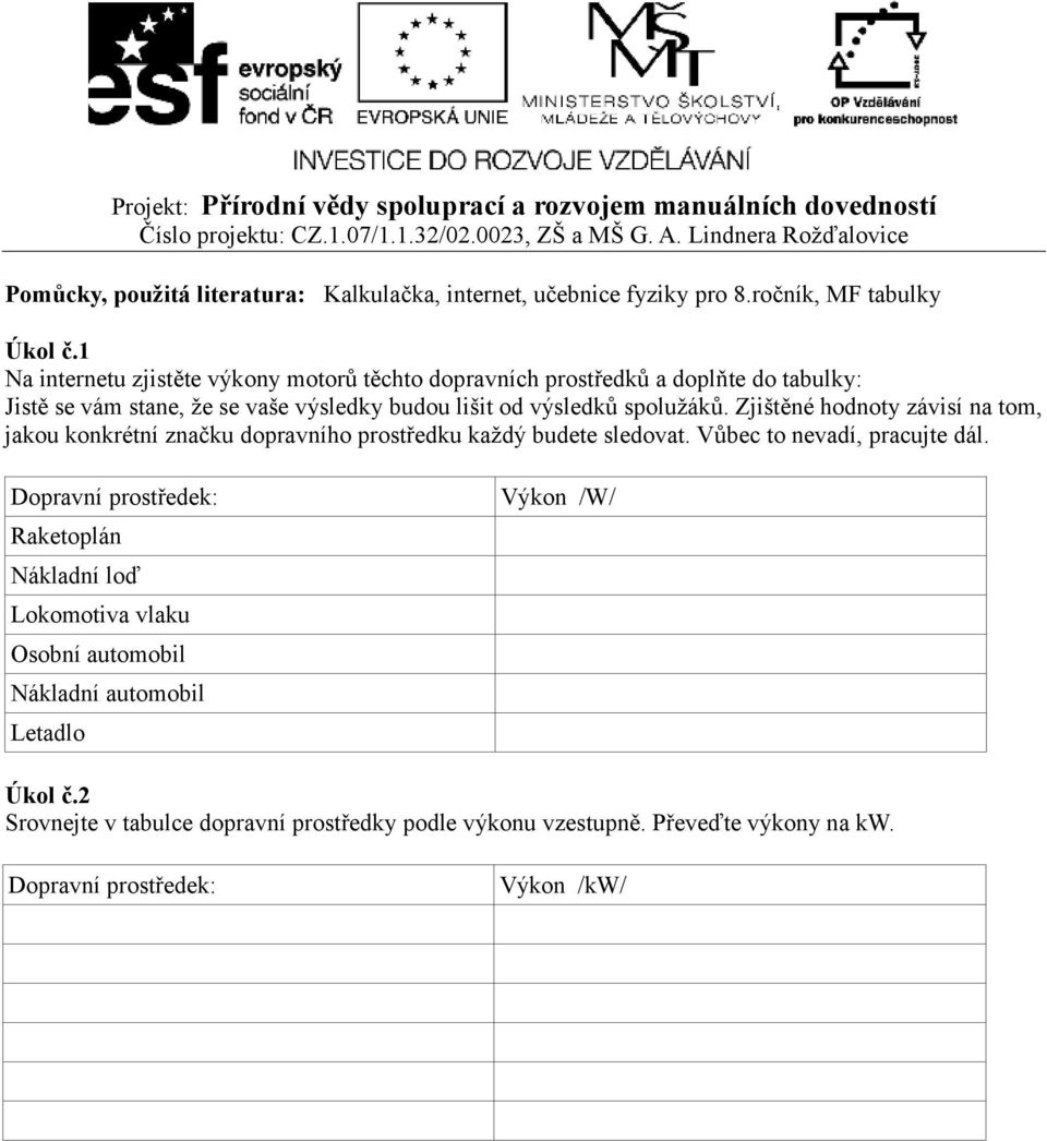 spolužáků. Zjištěné hodnoty závisí na tom, jakou konkrétní značku dopravního prostředku každý budete sledovat. Vůbec to nevadí, pracujte dál.